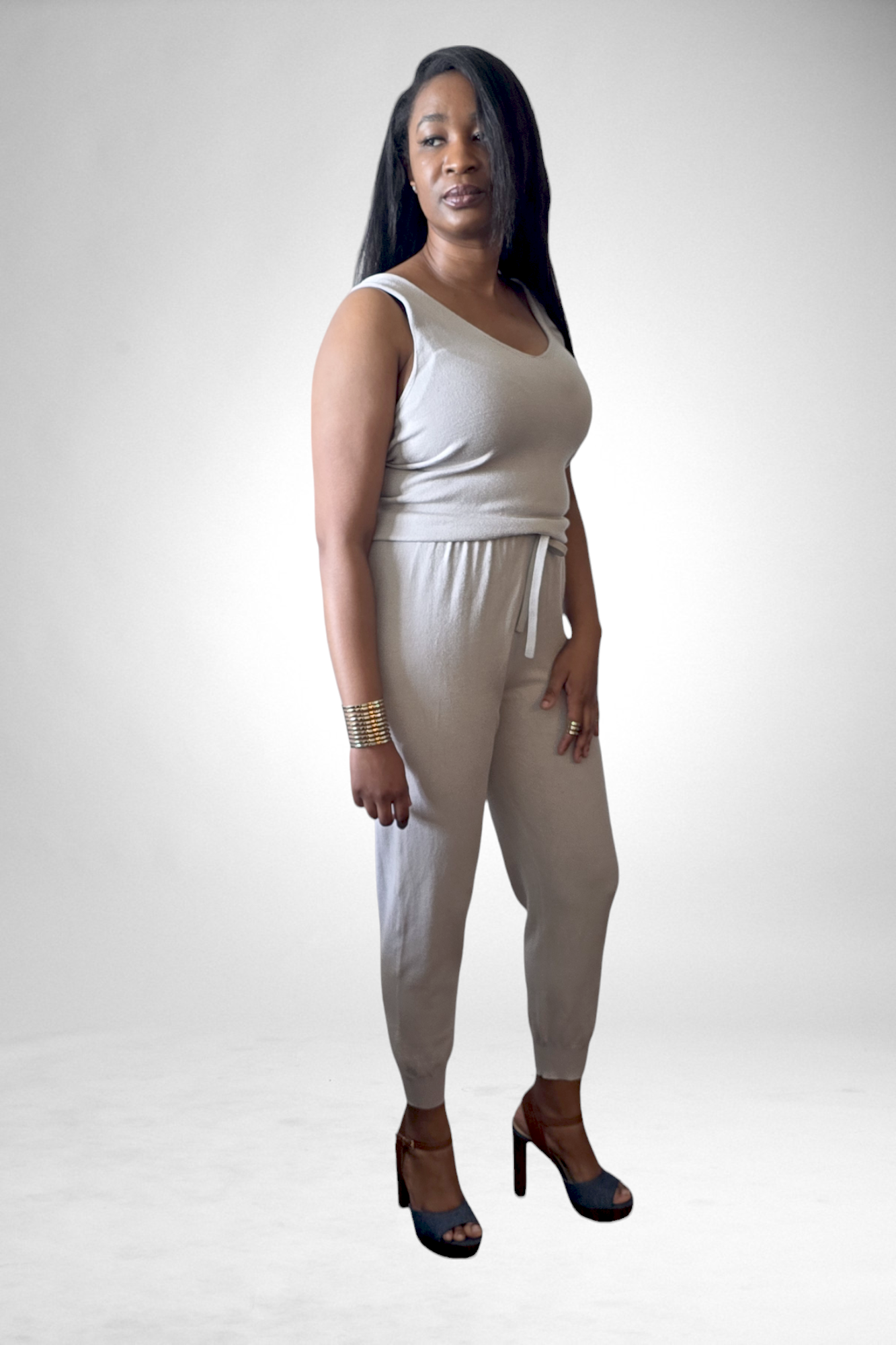 Caryla Jersry Knit Jumpsuit in cement, front view