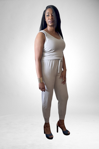 Caryla Jersry Knit Jumpsuit in cement, front view