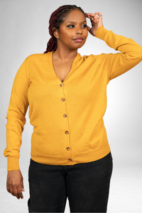 Evolve merino cardigan in golden rod, front view 