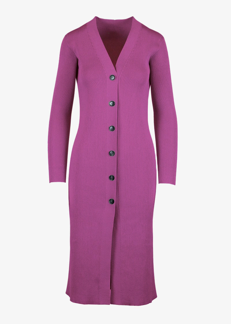 Cascade Long Cardigan in magenta, front view