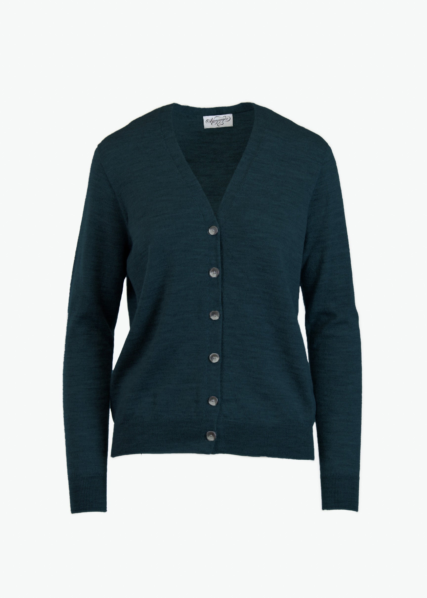 Evolve merino cardigan in teal, front view 