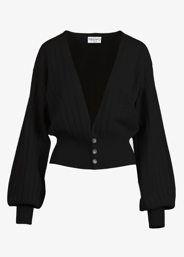 Mercy Bishop Sleeve Cardigan in black, front view