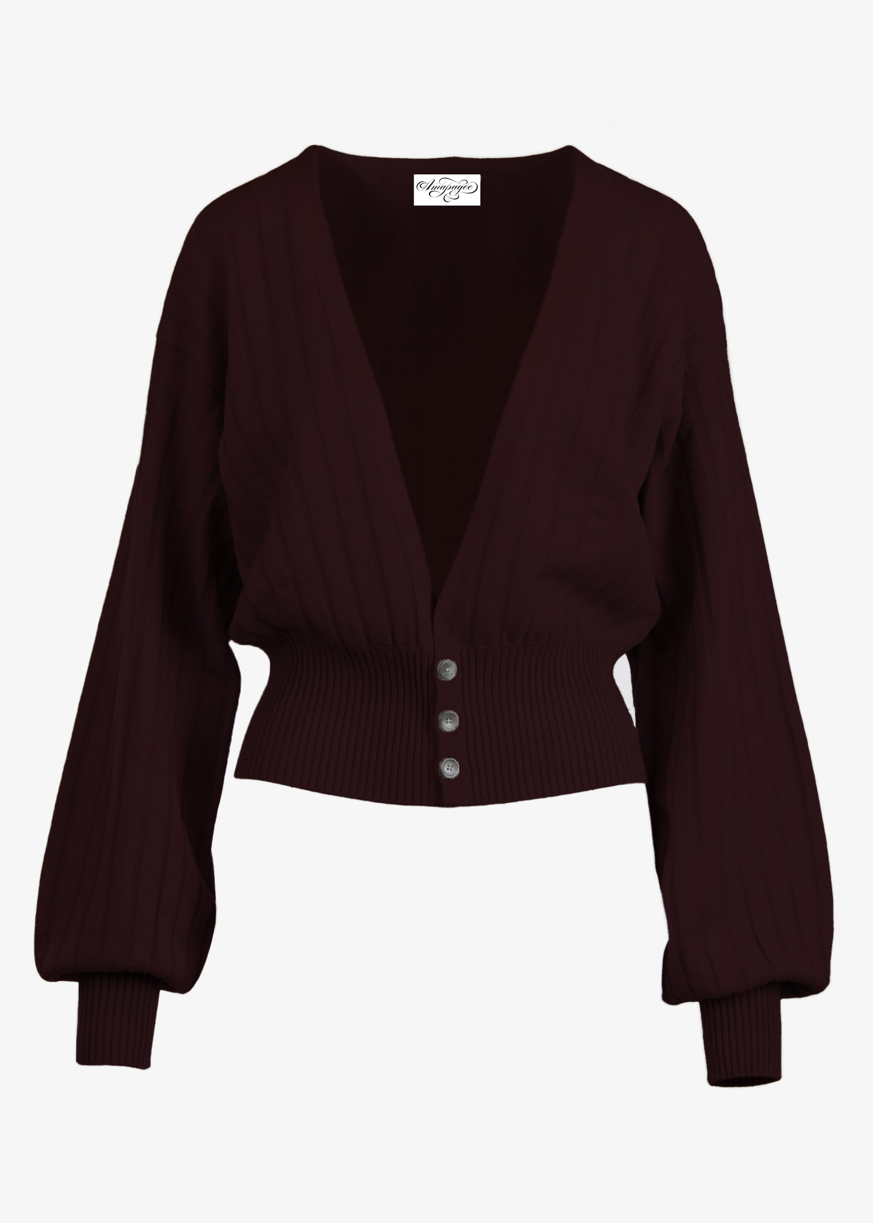 Mercy Bishop Sleeve Cardigan in bordeaux, front view