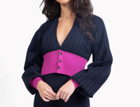 Mercy Bishop Sleeve Cardigan in navy-magenta, close up view